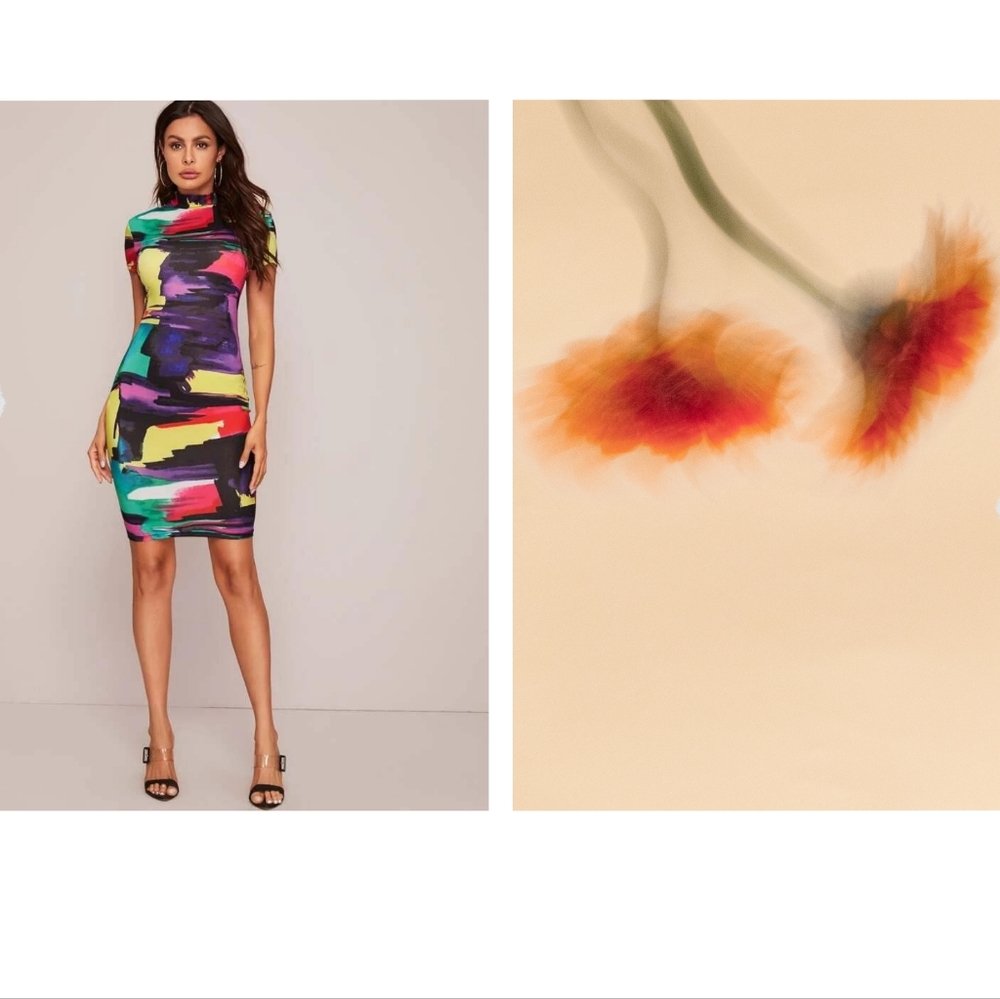 Mock-Neck Brush Stroke Print Bodycon Dress